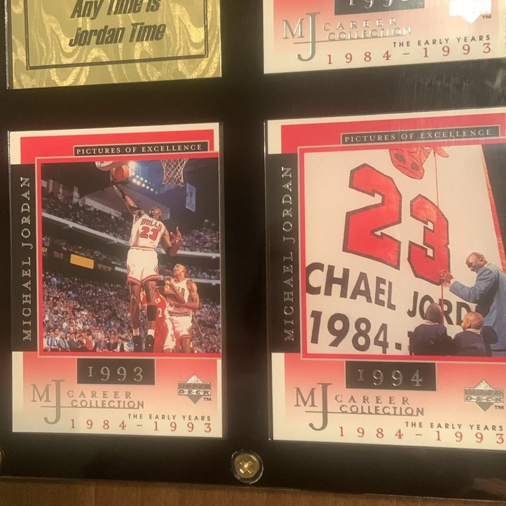 Michael Jordan 🏀 Timeline Card Display-Black & Gold Frame / Red Cards 1987-1994